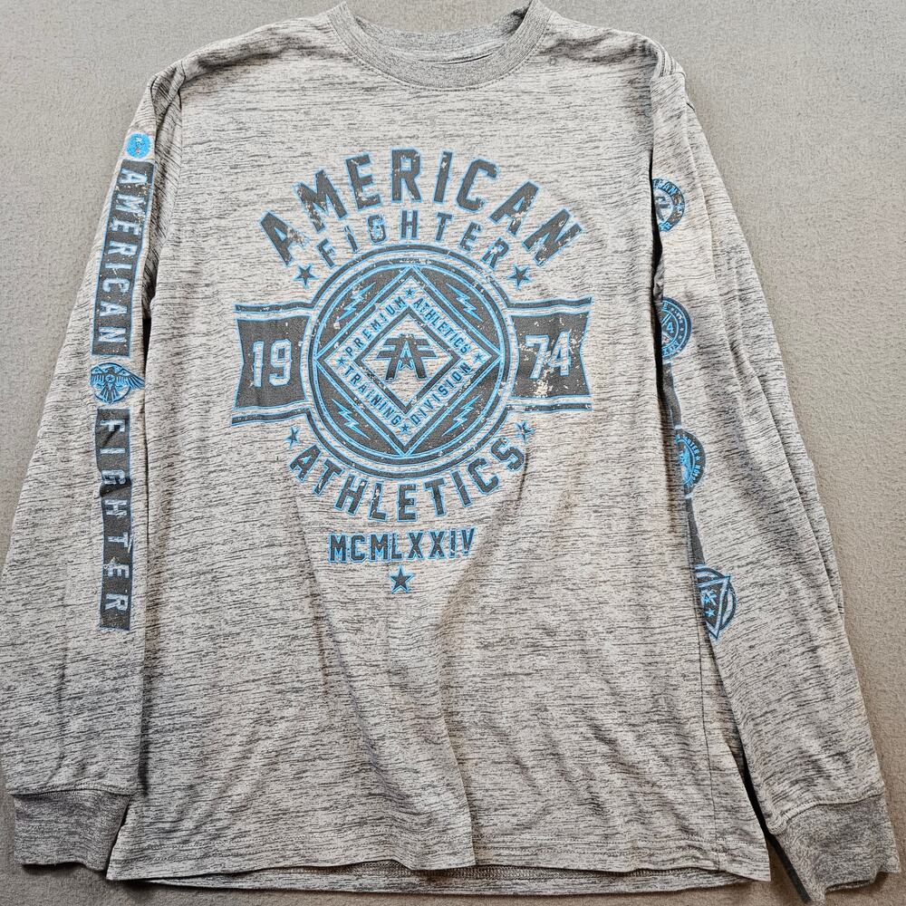 American Fighter Shirt Long Sleeve Boys Large Big Kid Gray Blue Teen
